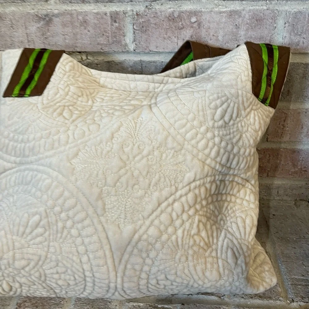 Cream Textured Tote Bag with Striped Straps - Picture 2 of 8